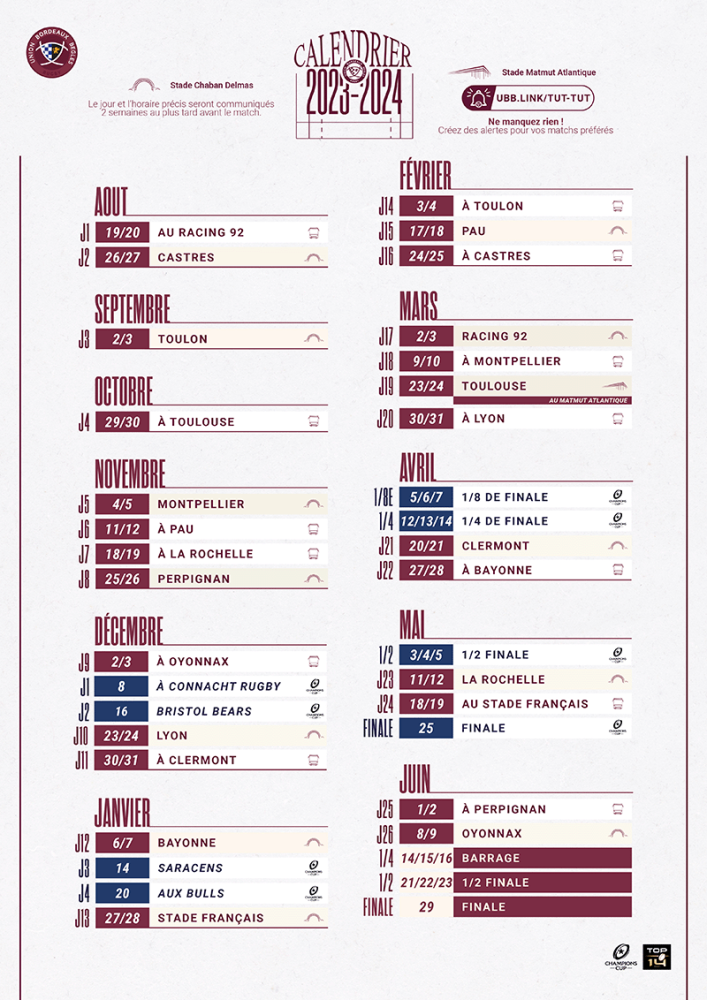 Groupe PAROT - Calendrier des matchs UBB